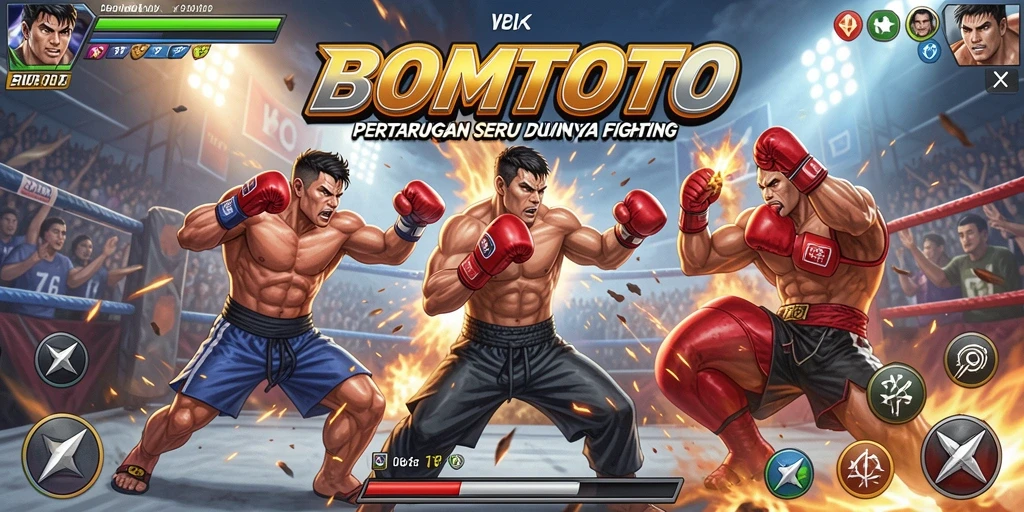 Screenshot gameplay BOMTOTO menunjukkan pertarungan seru antara karakter.