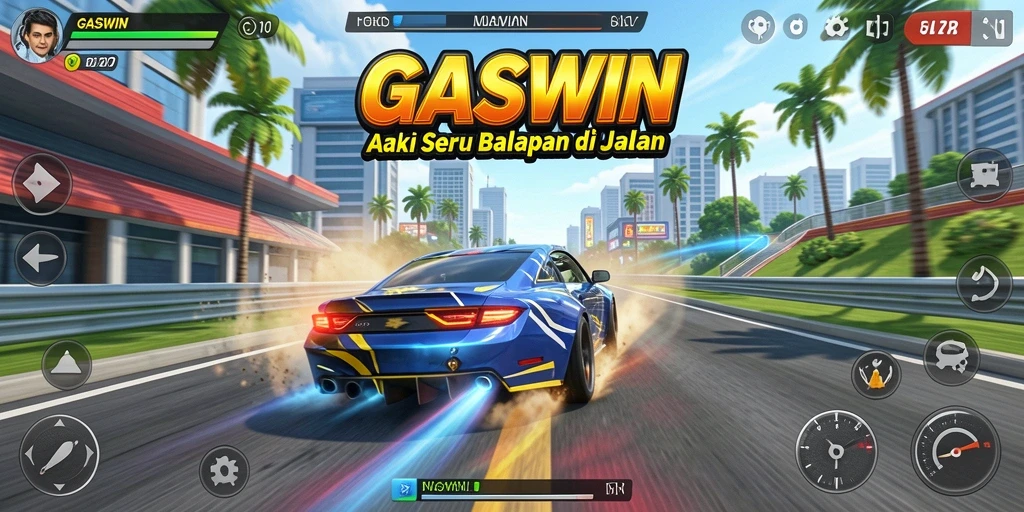 Tangkapan layar gameplay GASWIN menampilkan balapan seru di trek yang menantang.
