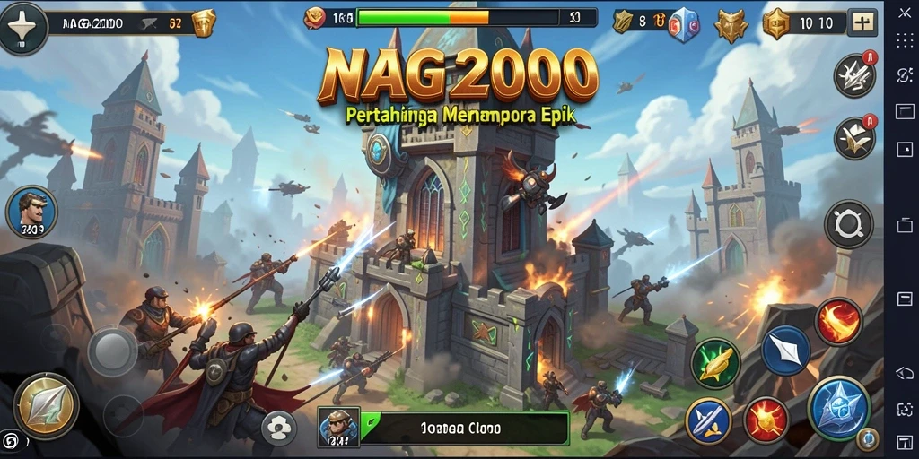 Screenshot NAGA2000 menunjukkan aksi menara melawan gelombang musuh.
