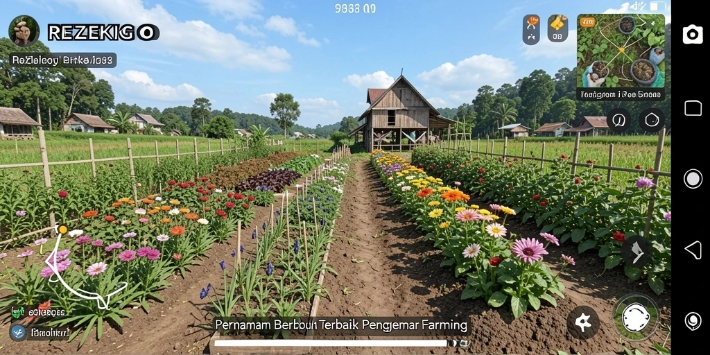 Tangkapan layar utama gameplay REZEKIGO menampilkan ladang yang subur dan hewan ternak yang bahagia.