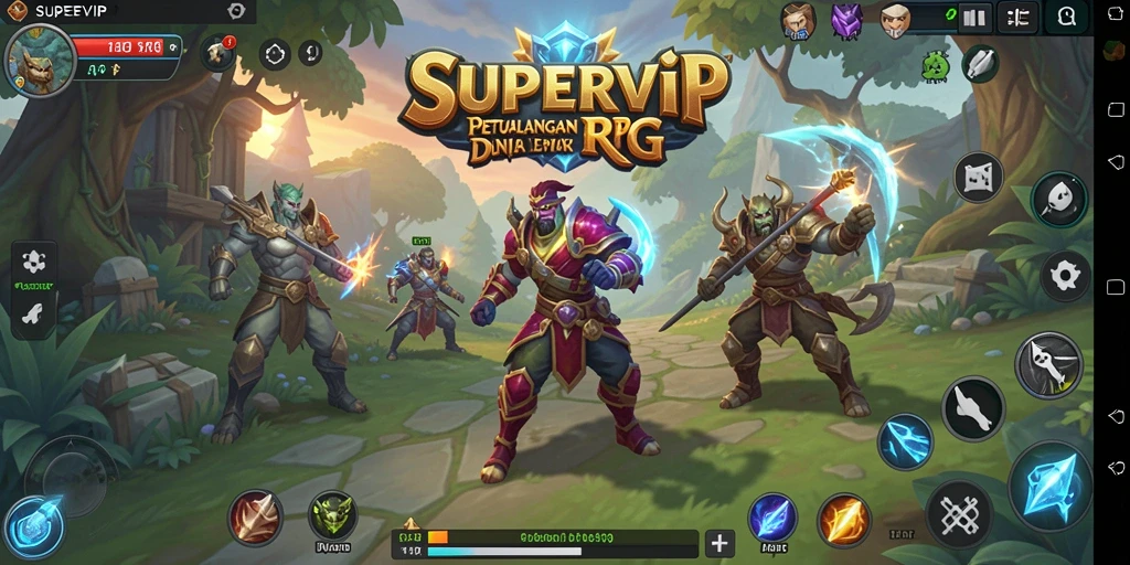 Tampilan gameplay SUPERVIP yang menampilkan karakter dalam petualangan RPG.
